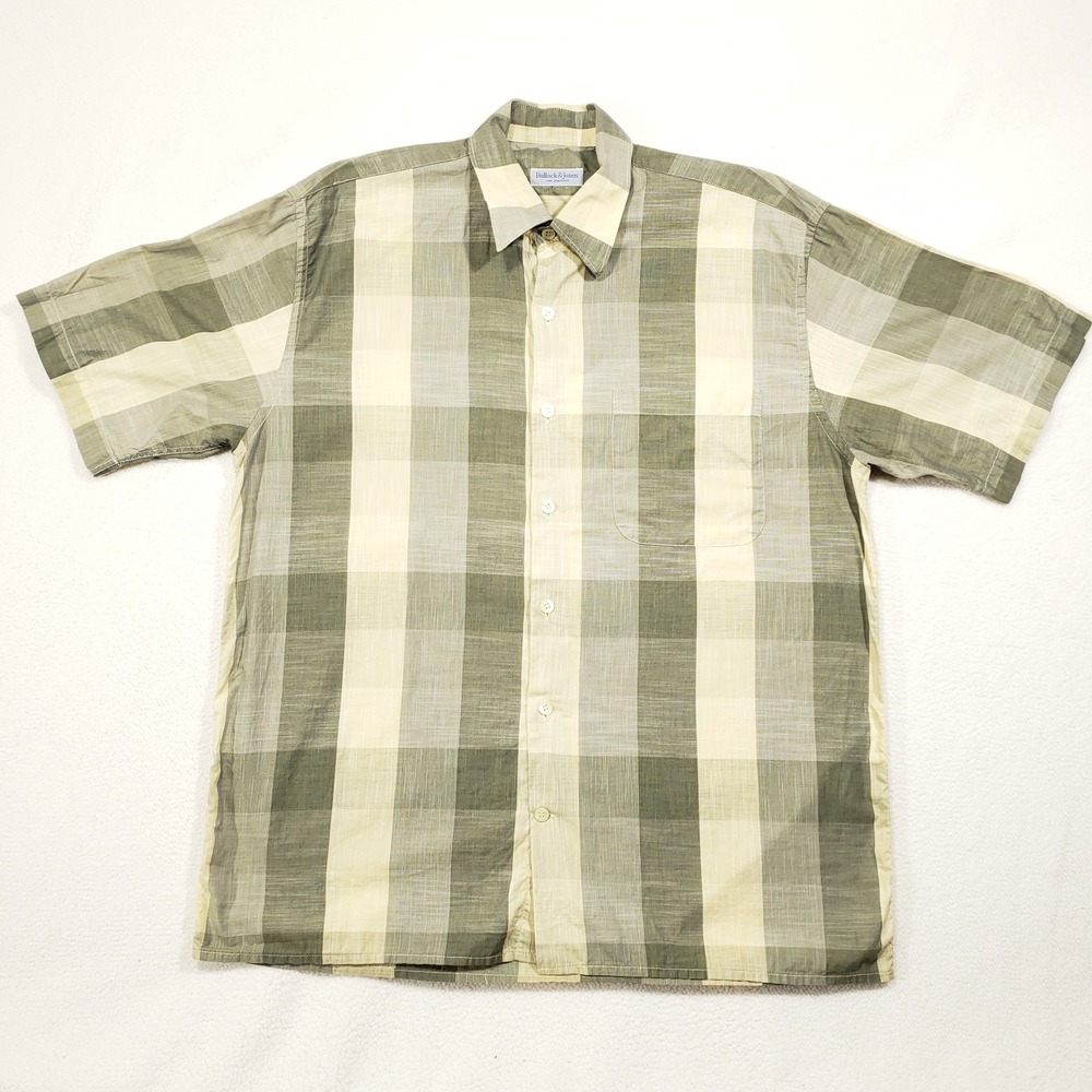Bullock and Jones Button Up Mens Large Green Cream Plaid Short‎ Sleeve Cotton